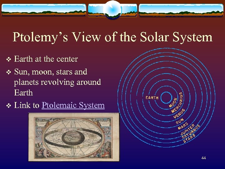 Ptolemy’s View of the Solar System Earth at the center v Sun, moon, stars