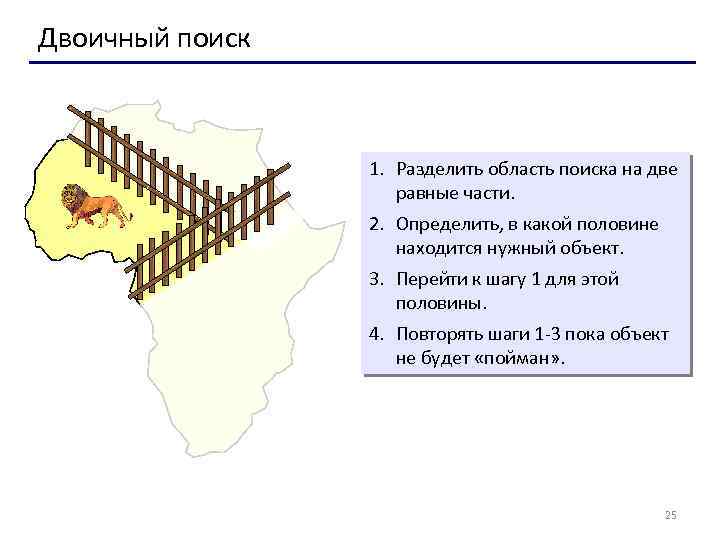 Двоичный поиск 1. Разделить область поиска на две равные части. 2. Определить, в какой