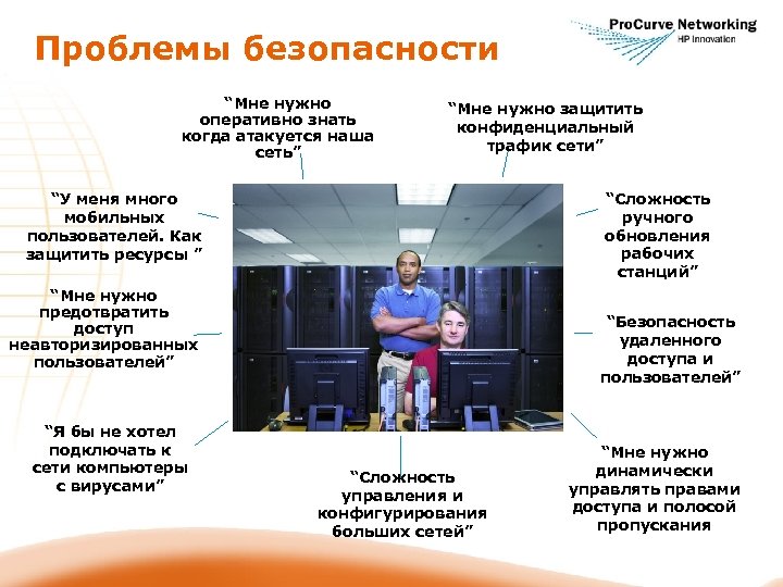 Проблемы безопасности “Мне нужно оперативно знать когда атакуется наша сеть” “Мне нужно защитить конфиденциальный