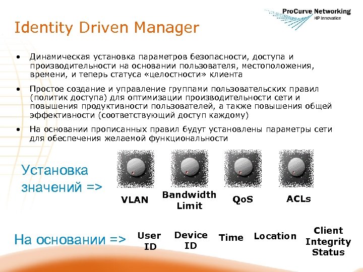 Identity Driven Manager • Динамическая установка параметров безопасности, доступа и производительности на основании пользователя,