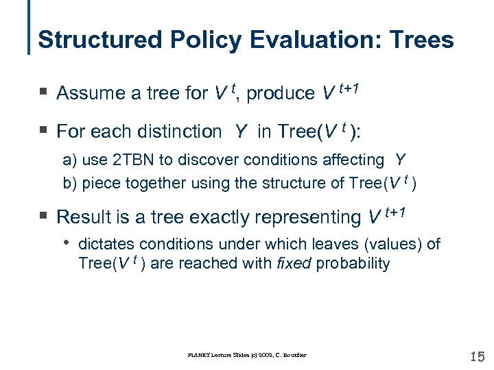 Structured Policy Evaluation: Trees § Assume a tree for V t, produce V t+1