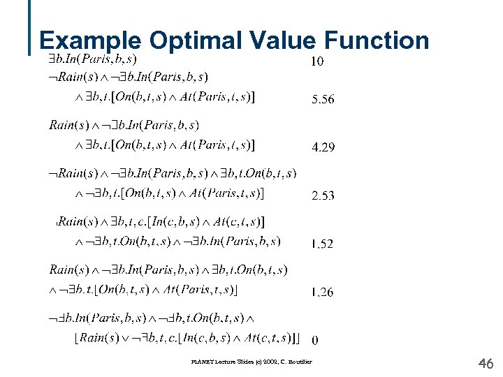 Example Optimal Value Function PLANET Lecture Slides (c) 2002, C. Boutilier 46 