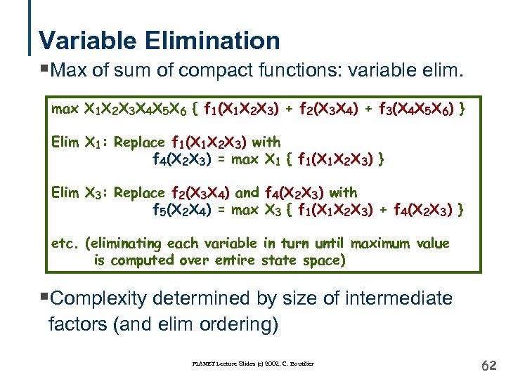 Variable Elimination §Max of sum of compact functions: variable elim. max X 1 X