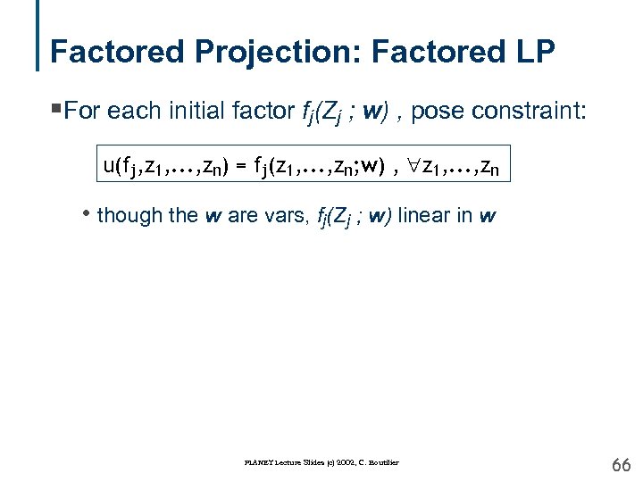 Factored Projection: Factored LP §For each initial factor fj(Zj ; w) , pose constraint: