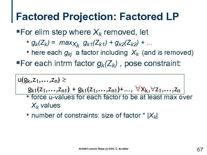 Factored Projection: Factored LP §For elim step where Xk removed, let • gk(Zk) =