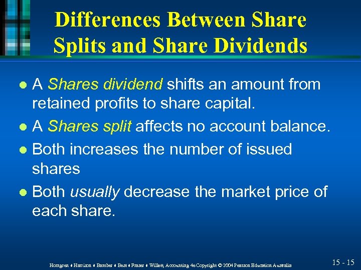 Differences Between Share Splits and Share Dividends A Shares dividend shifts an amount from