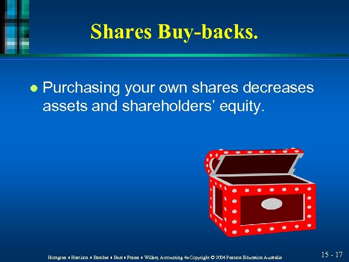 Shares Buy-backs. l Purchasing your own shares decreases assets and shareholders’ equity. Horngren ♦