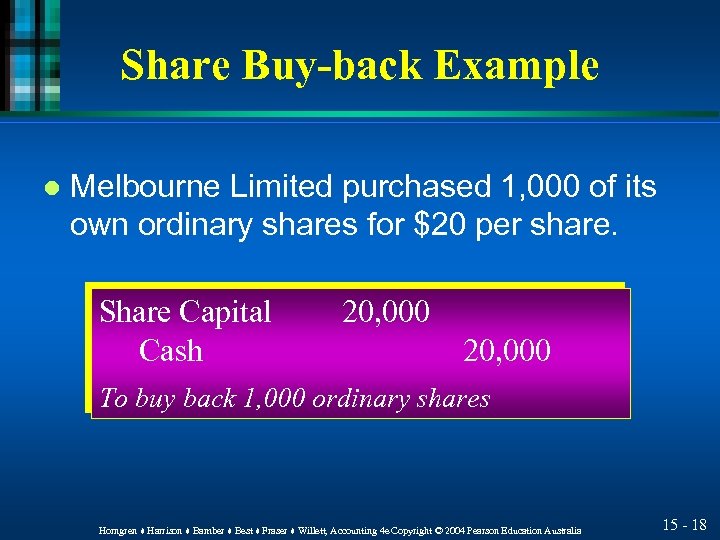 Share Buy-back Example l Melbourne Limited purchased 1, 000 of its own ordinary shares