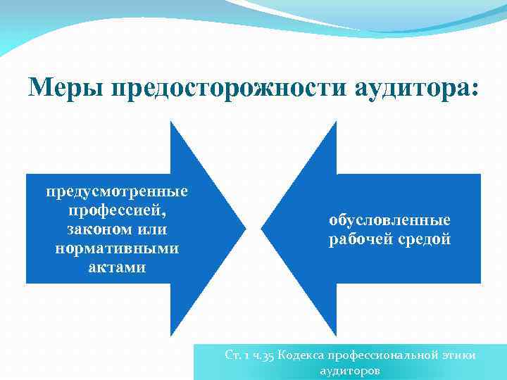 Меры предосторожности аудитора: предусмотренные профессией, законом или нормативными актами обусловленные рабочей средой Ст. 1