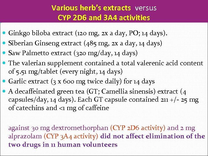 Various herb’s extracts versus CYP 2 D 6 and 3 A 4 activities Ginkgo