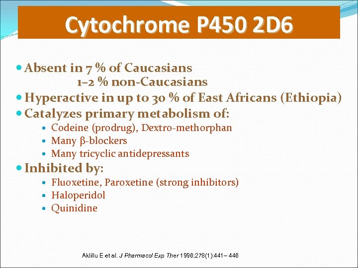 Cytochrome P 450 2 D 6 Absent in 7 % of Caucasians 1– 2