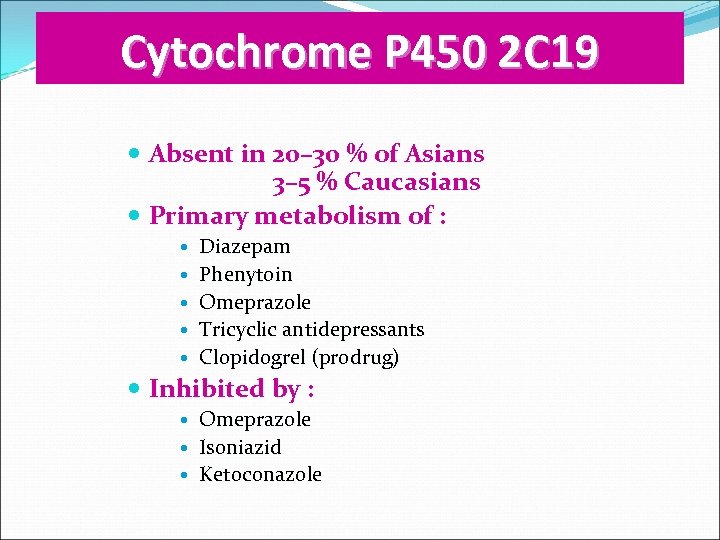 Cytochrome P 450 2 C 19 Absent in 20– 30 % of Asians 3–