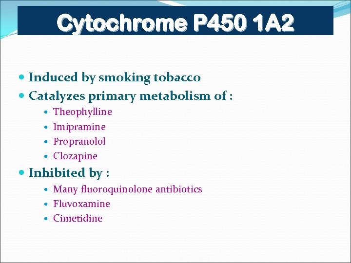 Cytochrome P 450 1 A 2 Induced by smoking tobacco Catalyzes primary metabolism of