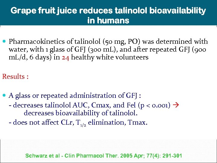 Grape fruit juice reduces talinolol bioavailability in humans Pharmacokinetics of talinolol (50 mg, PO)