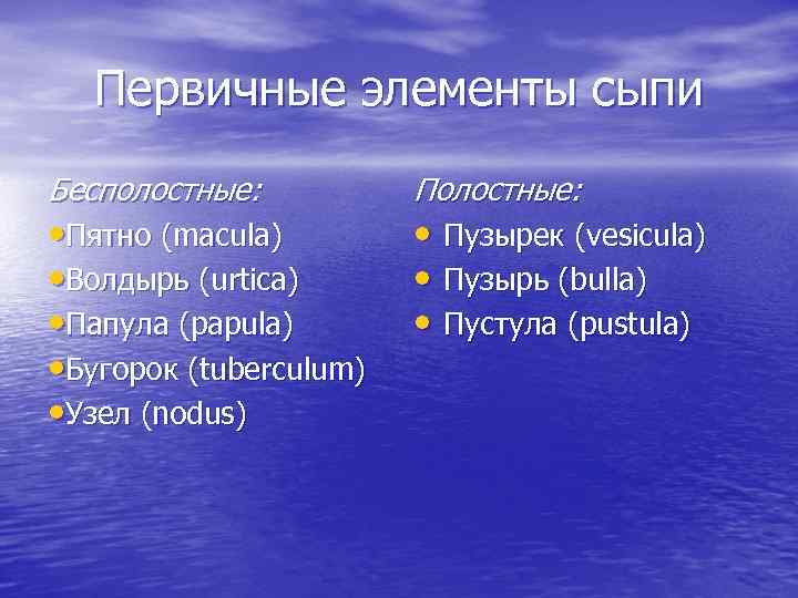 Первичные элементы сыпи Бесполостные: • Пятно (macula) • Волдырь (urtica) • Папула (papula) •