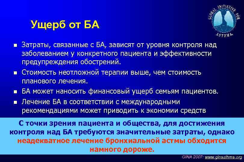 Ущерб от БА Затраты, связанные с БА, зависят от уровня контроля над заболеванием у