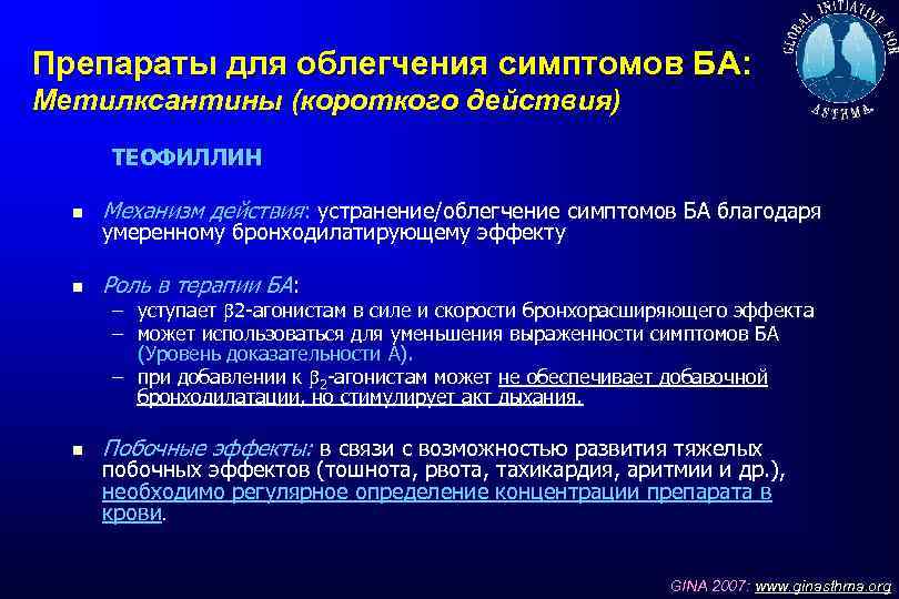 Препараты для облегчения симптомов БА: Метилксантины (короткого действия) ТЕОФИЛЛИН Механизм действия: устранение/облегчение симптомов БА