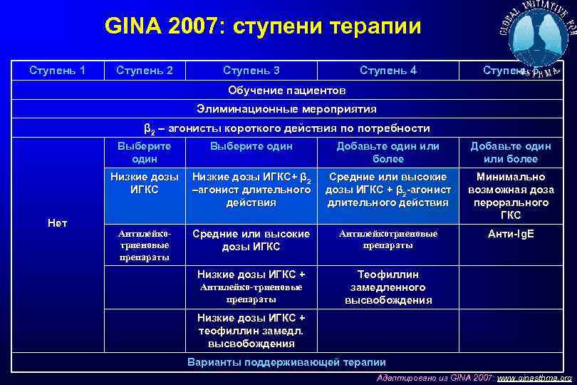 GINA 2007: ступени терапии Ступень 1 Ступень 2 Ступень 3 Ступень 4 Ступень 5