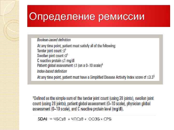 Определение ремиссии SDAI = ЧБС 28 + ЧПС 28 + ООЗБ + СРБ 