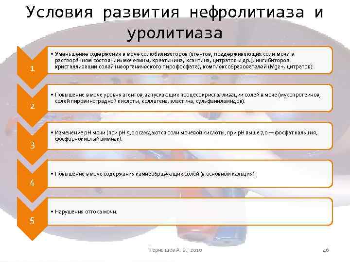 Условия развития нефролитиаза и уролитиаза 1 2 3 4 5 • Уменьшение содержания в