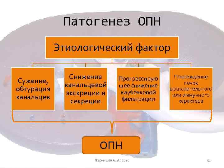 Патогенез ОПН Этиологический фактор Сужение, обтурация канальцев Снижение канальцевой экскреции и секреции Прогрессирую щее