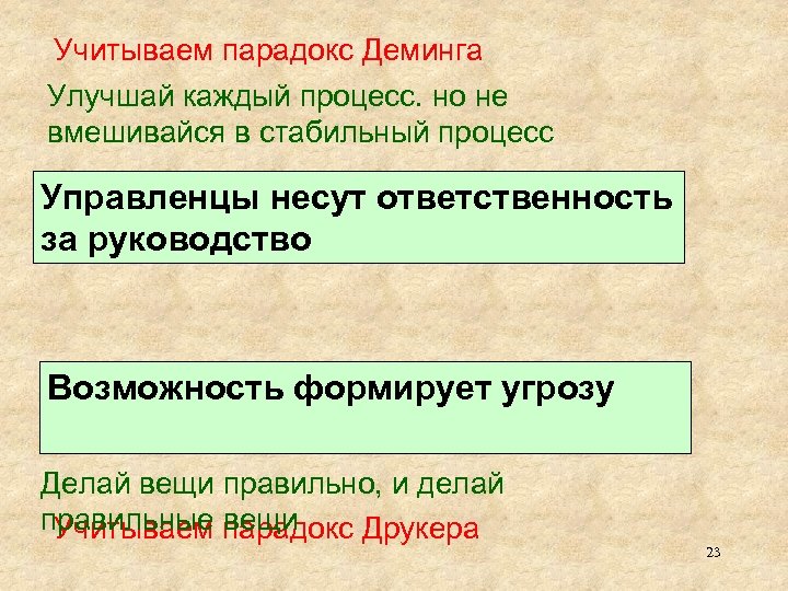 Учитываем парадокс Деминга Улучшай каждый процесс. но не вмешивайся в стабильный процесс Управленцы несут
