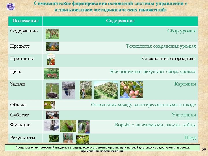 Символическое формирование оснований системы управления с использованием методологических положений: Положение Содержание Предмет Принципы Цель