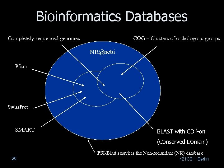 Bioinformatics Databases Completely sequenced genomes COG – Clusters of orthologous groups NR@ncbi Pfam Swiss.