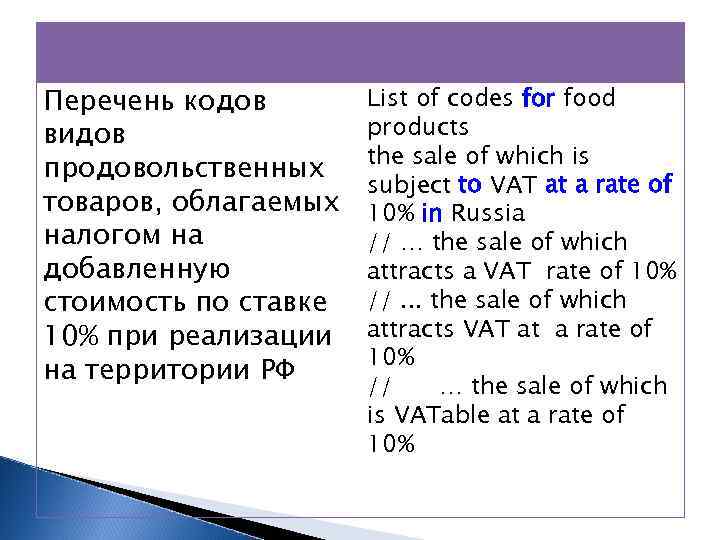 Перечень кодов видов продовольственных товаров, облагаемых налогом на добавленную стоимость по ставке 10% при