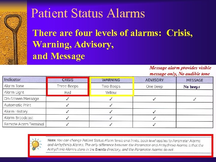 Patient Status Alarms There are four levels of alarms: Crisis, Warning, Advisory, and Message