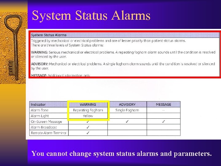 System Status Alarms You cannot change system status alarms and parameters. 