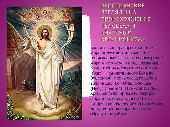 Значительное распространение в мире получили христианские религиозные взгляды на сотворение мира и человека в