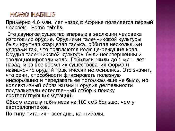 Примерно 4, 6 млн. лет назад в Африке появляется первый человек – Homo habilis.