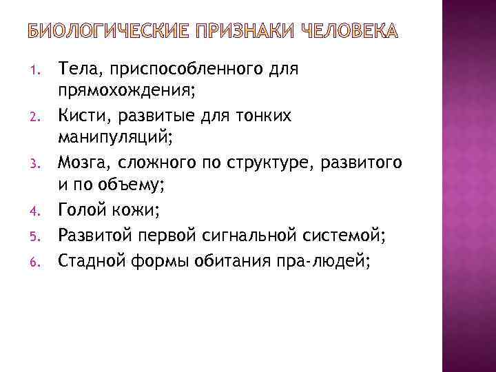 1. 2. 3. 4. 5. 6. Тела, приспособленного для прямохождения; Кисти, развитые для тонких