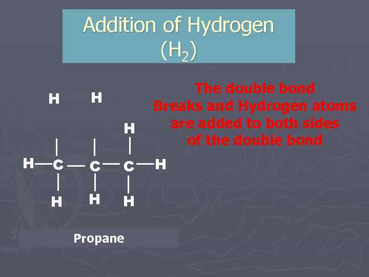 Addition of Hydrogen (H 2) H H C C C H H H Propene.