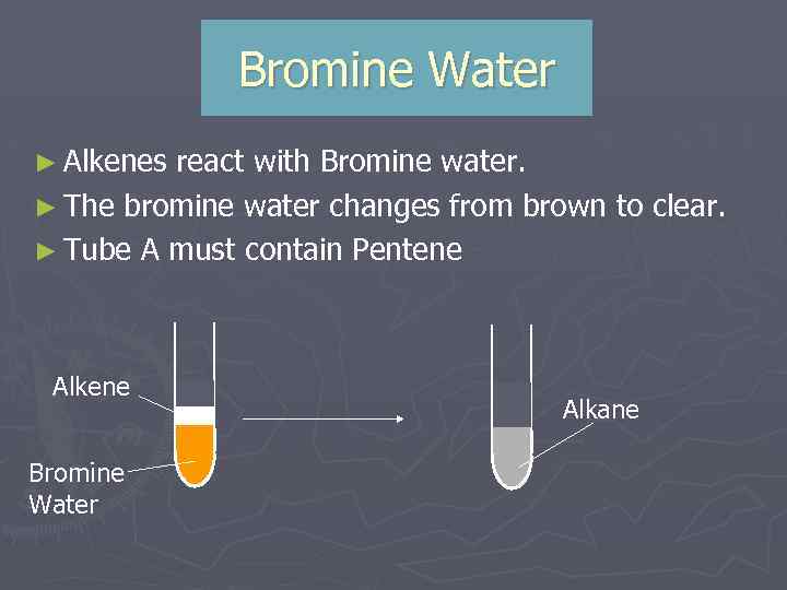 Bromine Water ► Alkenes react with Bromine water. ► The bromine water changes from