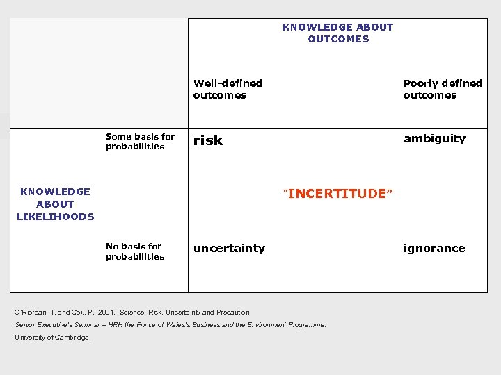 KNOWLEDGE ABOUT OUTCOMES Well-defined outcomes Some basis for probabilities Poorly defined outcomes risk ambiguity