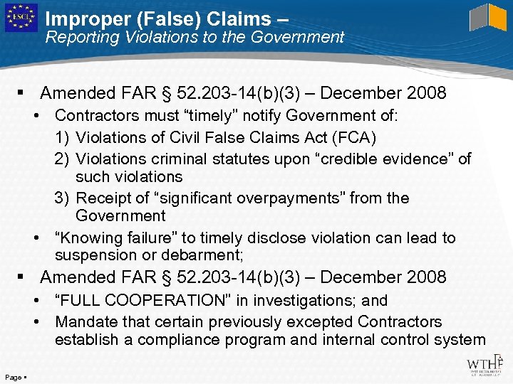 Improper (False) Claims – Reporting Violations to the Government Amended FAR § 52. 203