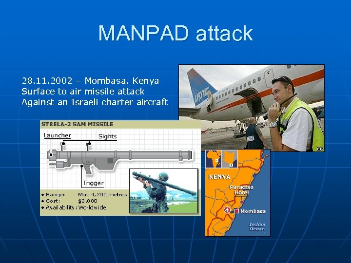 MANPAD attack 28. 11. 2002 – Mombasa, Kenya Surface to air missile attack Against