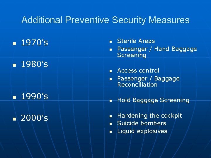 Additional Preventive Security Measures n 1970’s n n n 1980’s Sterile Areas Passenger /