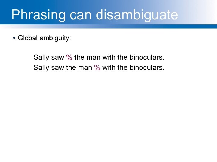 Phrasing can disambiguate • Global ambiguity: Sally saw % the man with the binoculars.