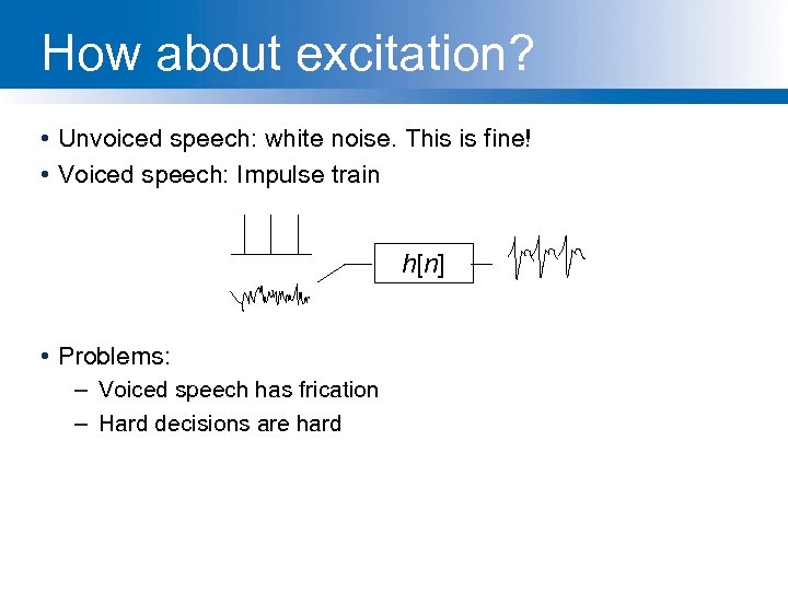 How about excitation? • Unvoiced speech: white noise. This is fine! • Voiced speech: