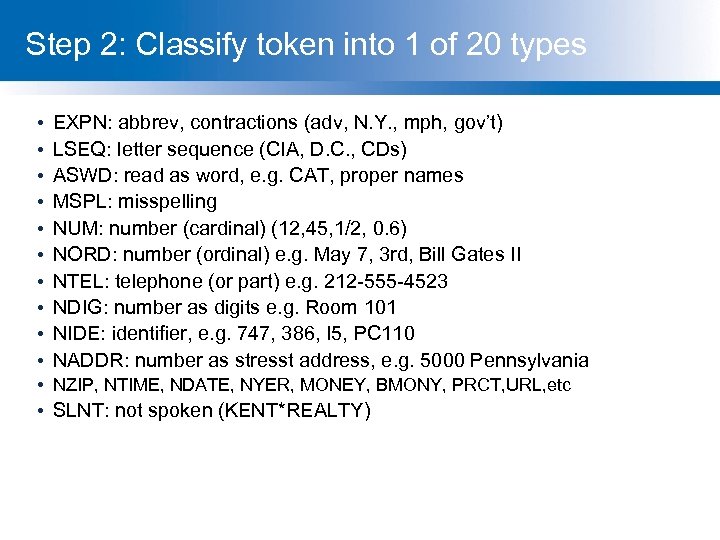 Step 2: Classify token into 1 of 20 types • • • EXPN: abbrev,