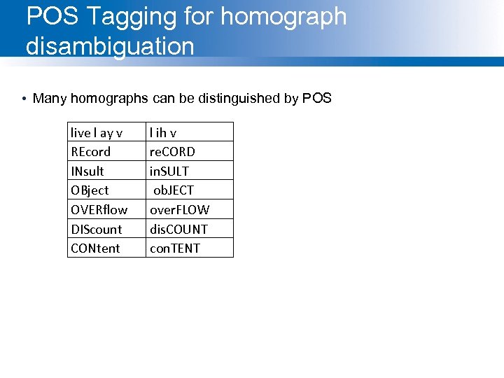 POS Tagging for homograph disambiguation • Many homographs can be distinguished by POS live