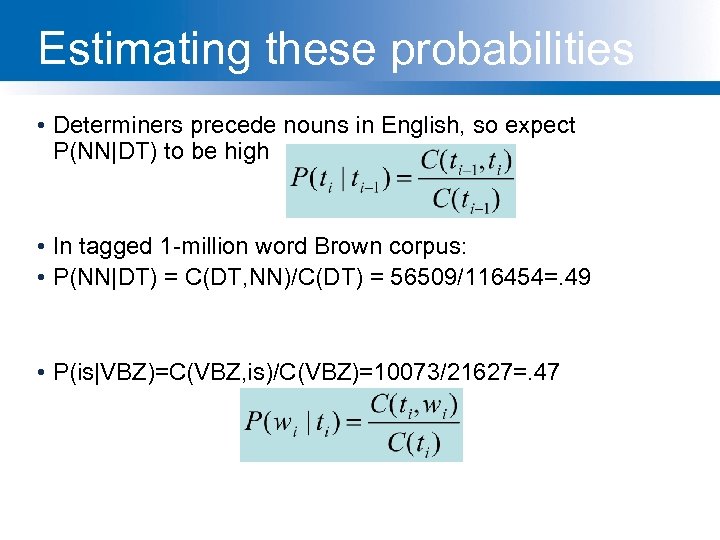 Estimating these probabilities • Determiners precede nouns in English, so expect P(NN|DT) to be