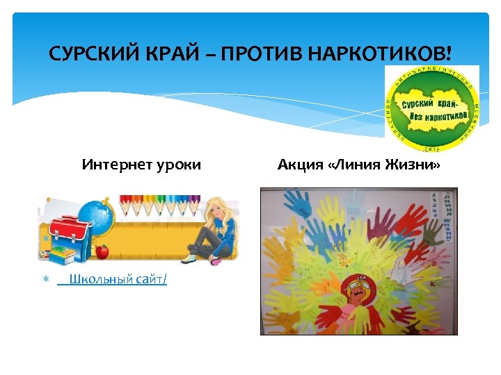СУРСКИЙ КРАЙ – ПРОТИВ НАРКОТИКОВ! Интернет уроки Школьный сайт/ Акция «Линия Жизни» 