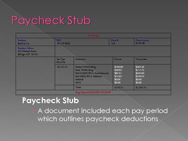 Paycheck Stub On-The-Go Employee SSN Check # Beakens, Joe 201 -92 -4856 164 Employee