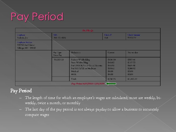 Pay Period – The length of time for which an employee’s wages are calculated;