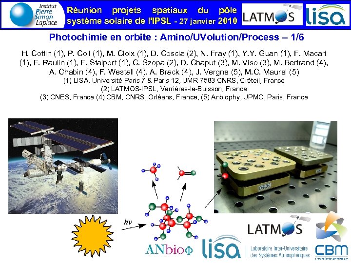 Réunion projets spatiaux du pôle système solaire de l'IPSL - 27 janvier 2010 Photochimie