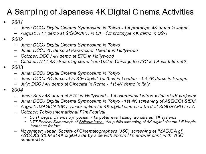 A Sampling of Japanese 4 K Digital Cinema Activities • 2001 – June: DCCJ